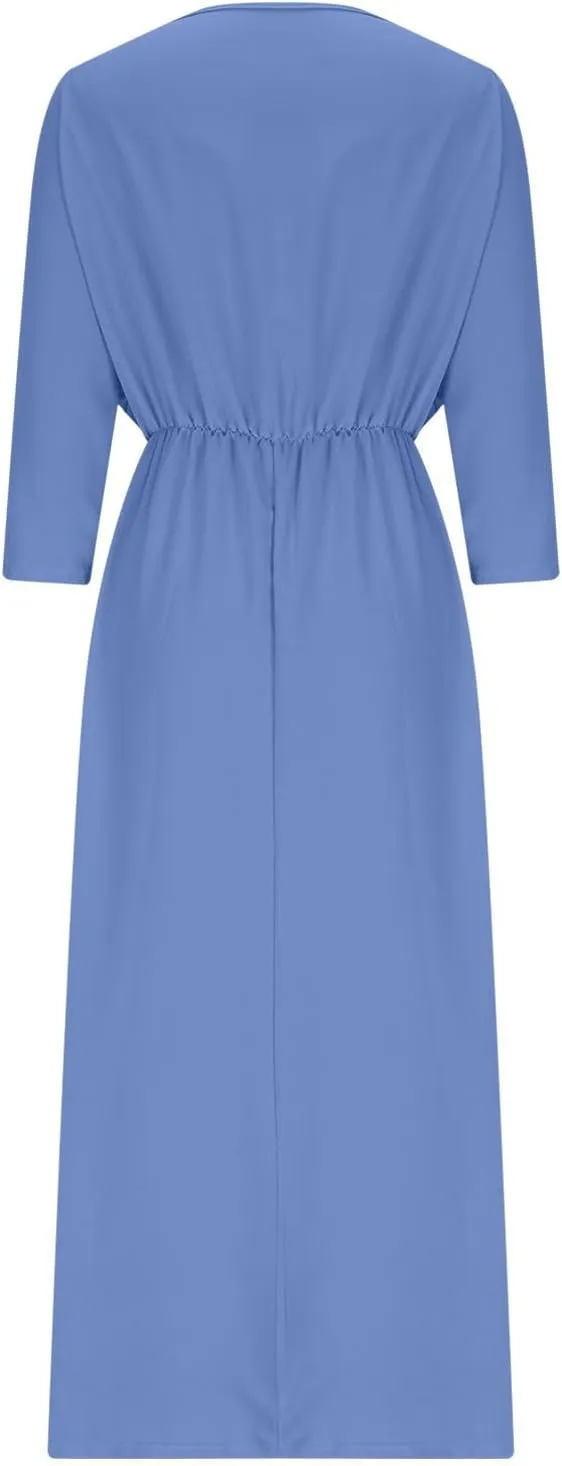 XUNRYAN Women's Summer Boho Maxi Dress Casual V Neck 3/4 Sleeve Wedding Guest Dresses Flowy Side Slit Travel Beach Sundress