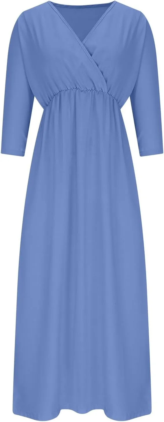 XUNRYAN Women's Summer Boho Maxi Dress Casual V Neck 3/4 Sleeve Wedding Guest Dresses Flowy Side Slit Travel Beach Sundress
