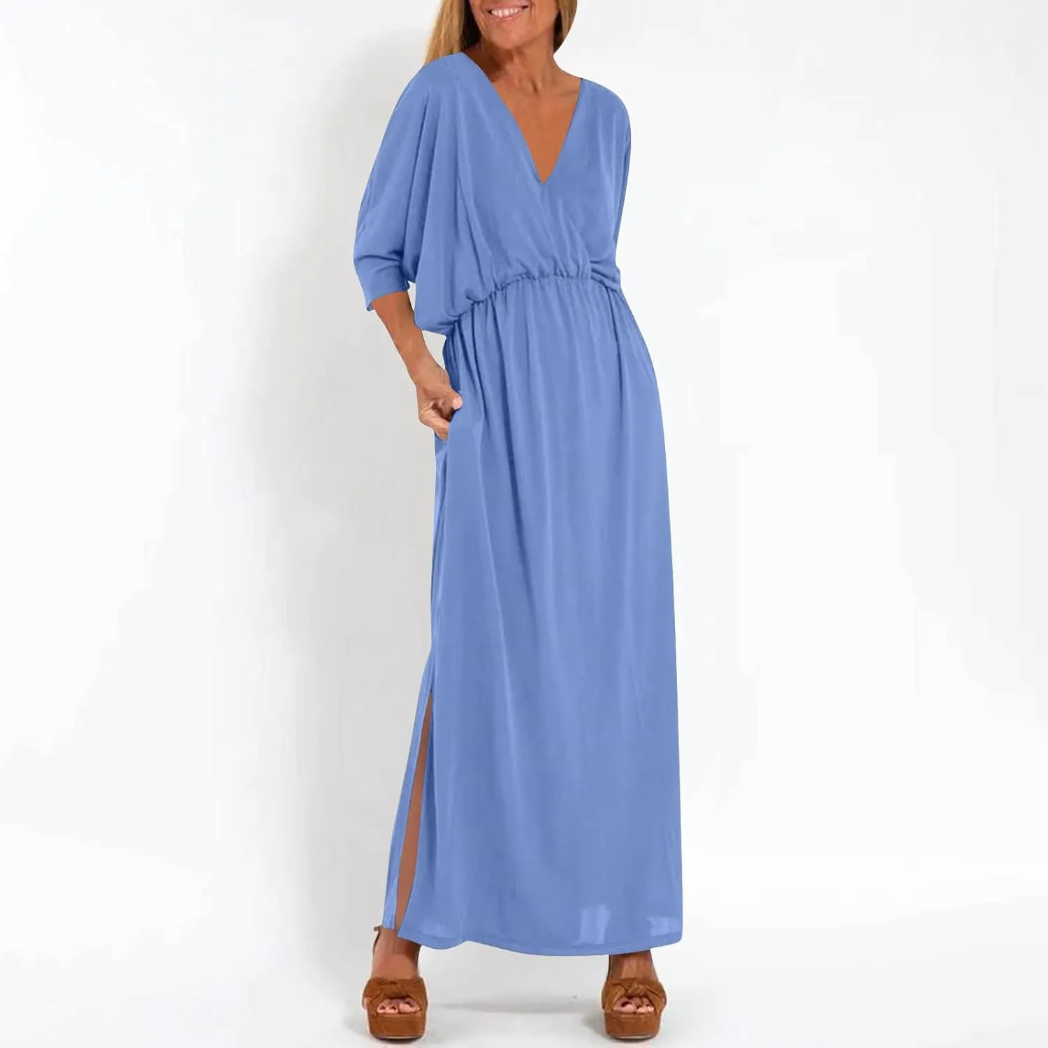 XUNRYAN Women's Summer Boho Maxi Dress Casual V Neck 3/4 Sleeve Wedding Guest Dresses Flowy Side Slit Travel Beach Sundress