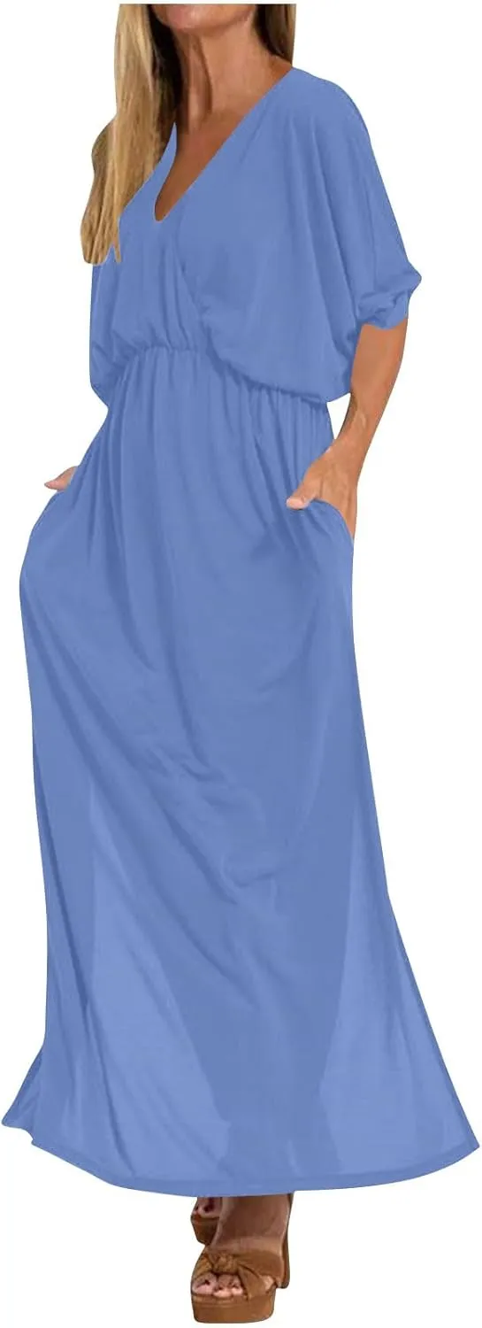 XUNRYAN Women's Summer Boho Maxi Dress Casual V Neck 3/4 Sleeve Wedding Guest Dresses Flowy Side Slit Travel Beach Sundress
