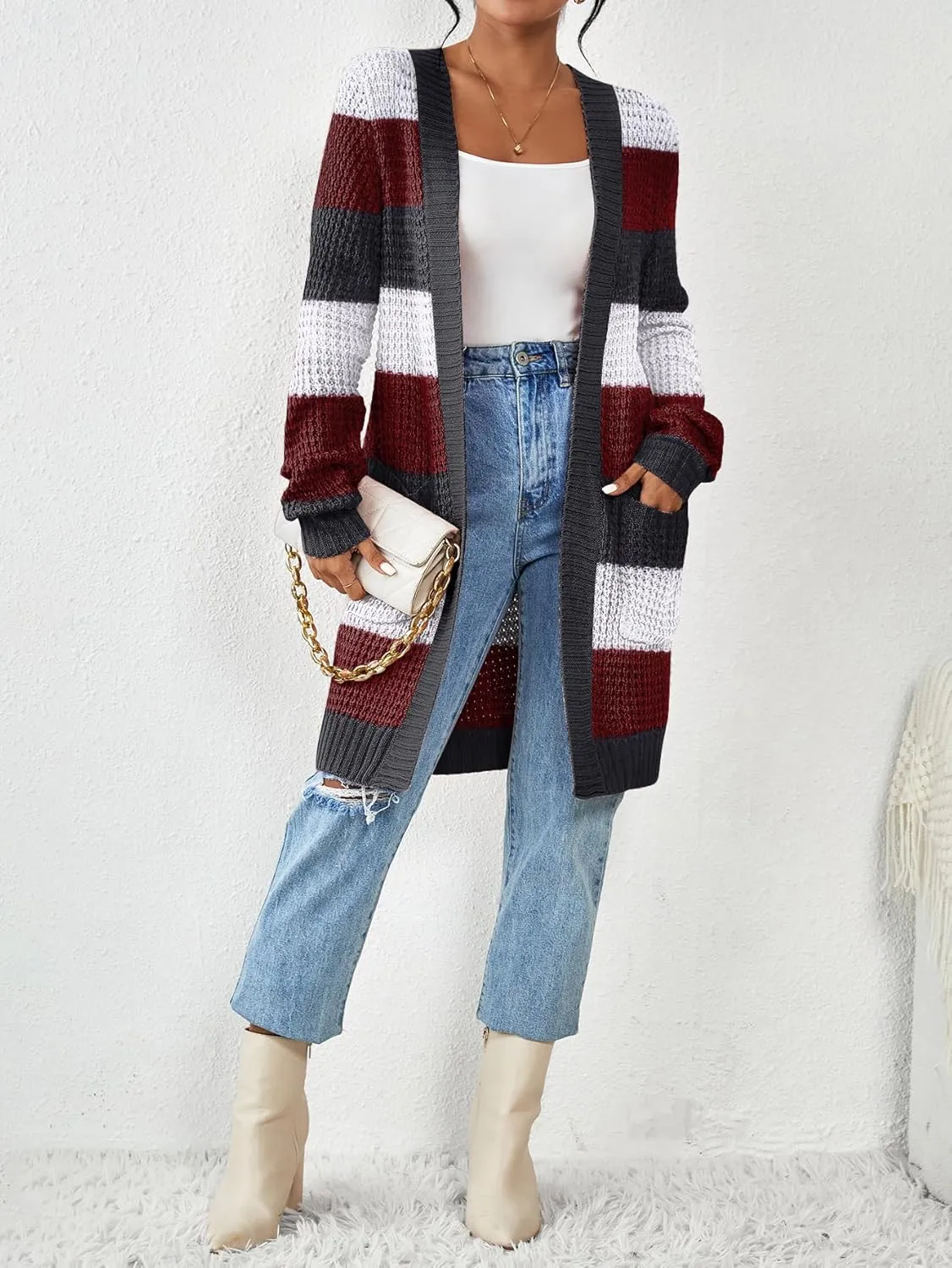 Zeagoo Women's 2025 Fall Open Front Cardigan Long Batwing Sleeve Chunky Knit Sweater Loose Outerwear Coats with Pockets
