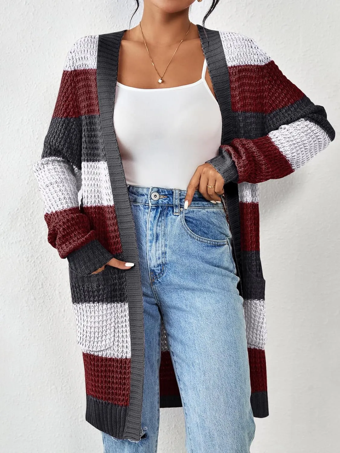 Zeagoo Women's 2025 Fall Open Front Cardigan Long Batwing Sleeve Chunky Knit Sweater Loose Outerwear Coats with Pockets