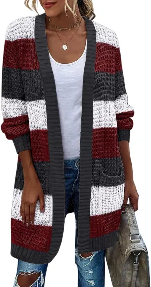 Zeagoo Women's 2025 Fall Open Front Cardigan Long Batwing Sleeve Chunky Knit Sweater Loose Outerwear Coats with Pockets