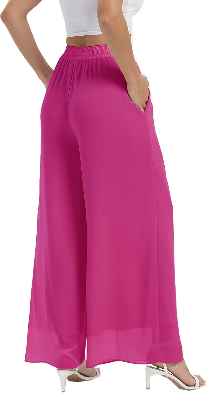 zsangbee Women's Wide Leg Palazzo Pants Chiffon Flowy Loose Party Wedding Dressy Casual Trousers