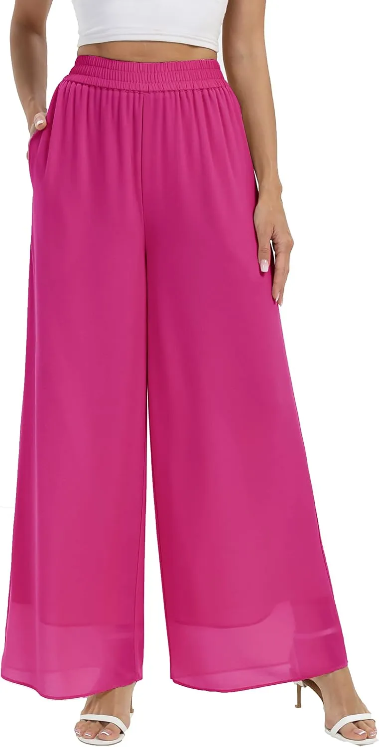 zsangbee Women's Wide Leg Palazzo Pants Chiffon Flowy Loose Party Wedding Dressy Casual Trousers