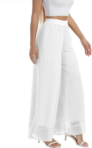 zsangbee Women's Wide Leg Palazzo Pants Chiffon Flowy Loose Party Wedding Dressy Casual Trousers