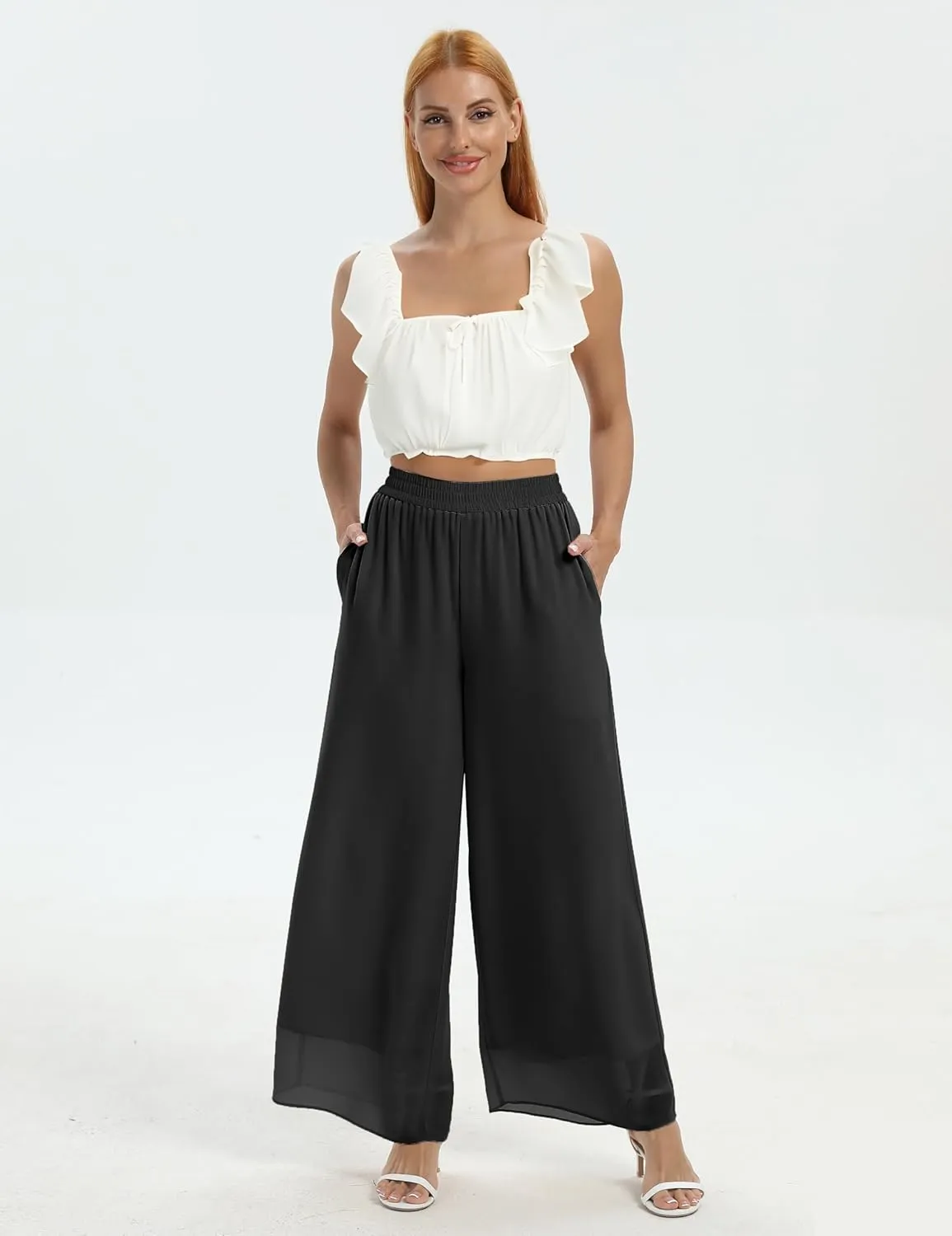 zsangbee Women's Wide Leg Palazzo Pants Chiffon Flowy Loose Party Wedding Dressy Casual Trousers