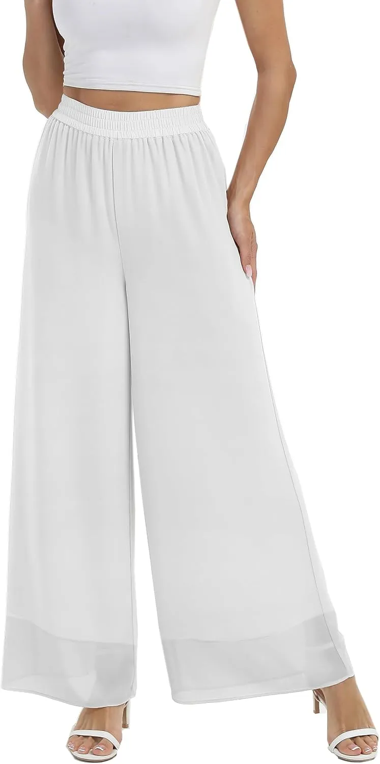 zsangbee Women's Wide Leg Palazzo Pants Chiffon Flowy Loose Party Wedding Dressy Casual Trousers