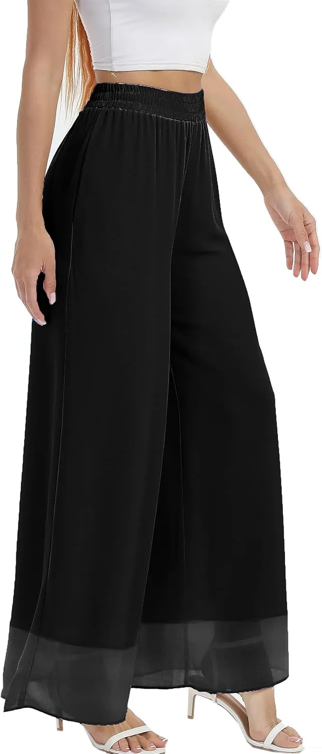 zsangbee Women's Wide Leg Palazzo Pants Chiffon Flowy Loose Party Wedding Dressy Casual Trousers