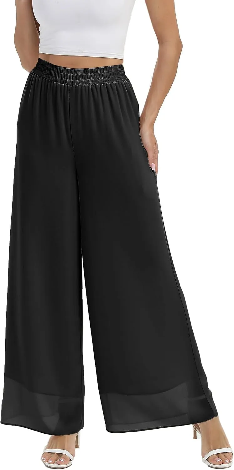 zsangbee Women's Wide Leg Palazzo Pants Chiffon Flowy Loose Party Wedding Dressy Casual Trousers
